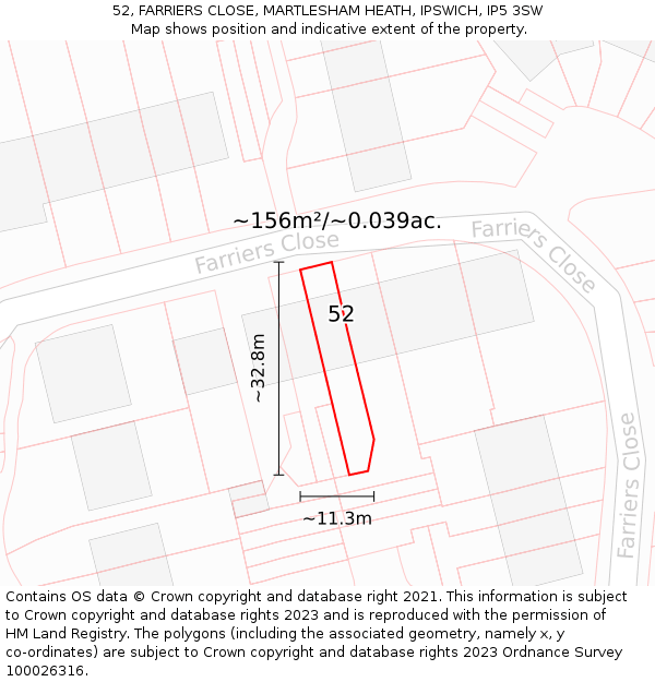 52, FARRIERS CLOSE, MARTLESHAM HEATH, IPSWICH, IP5 3SW: Plot and title map