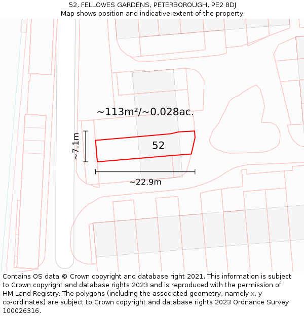 52, FELLOWES GARDENS, PETERBOROUGH, PE2 8DJ: Plot and title map