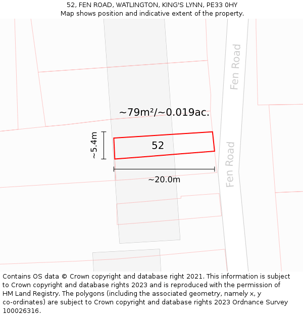 52, FEN ROAD, WATLINGTON, KING'S LYNN, PE33 0HY: Plot and title map