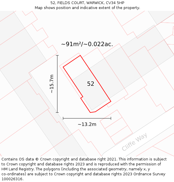 52, FIELDS COURT, WARWICK, CV34 5HP: Plot and title map