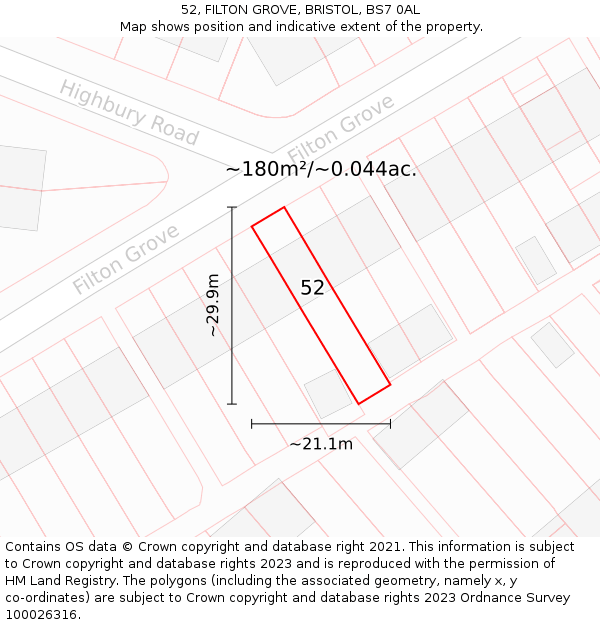 52, FILTON GROVE, BRISTOL, BS7 0AL: Plot and title map