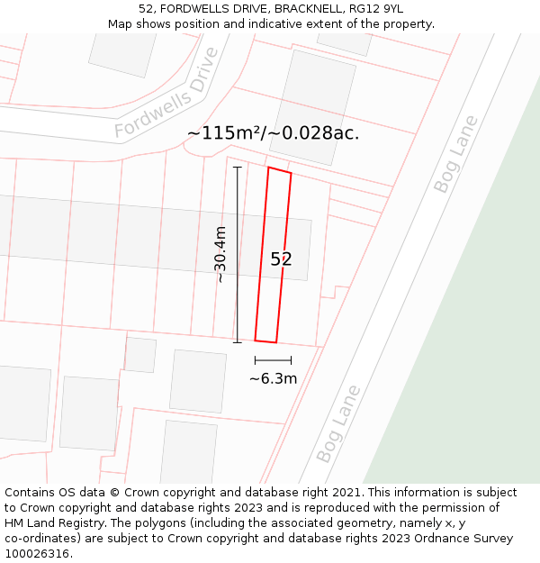 52, FORDWELLS DRIVE, BRACKNELL, RG12 9YL: Plot and title map