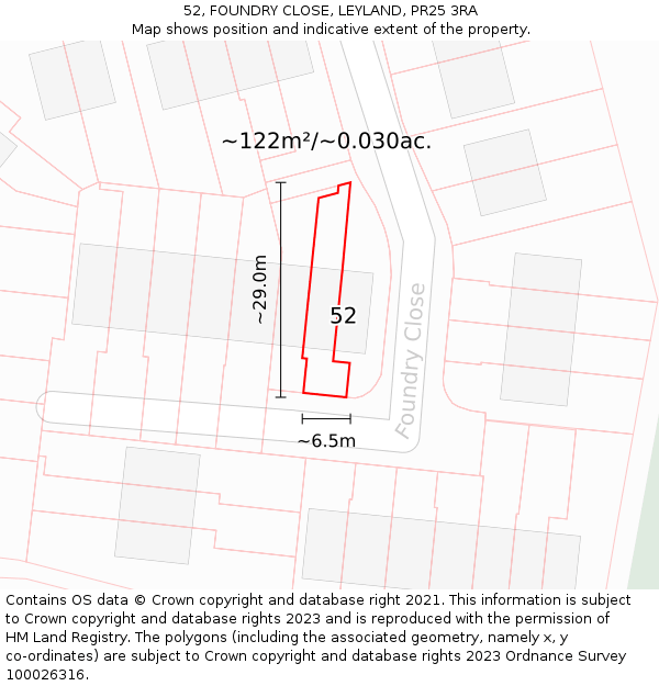 52, FOUNDRY CLOSE, LEYLAND, PR25 3RA: Plot and title map