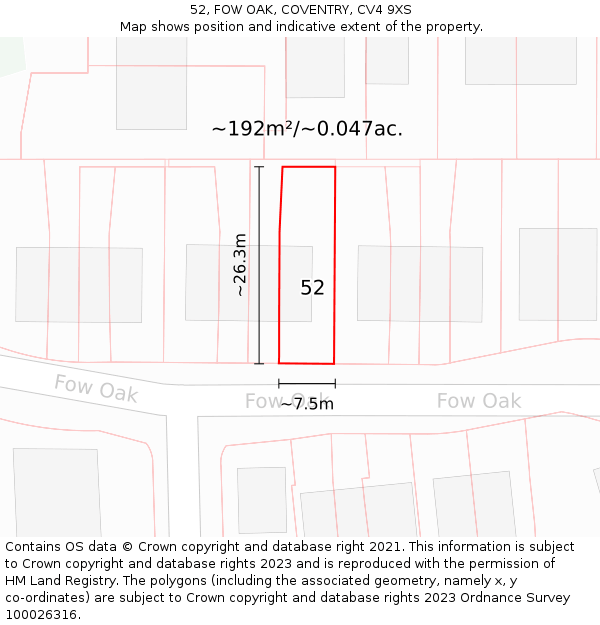 52, FOW OAK, COVENTRY, CV4 9XS: Plot and title map