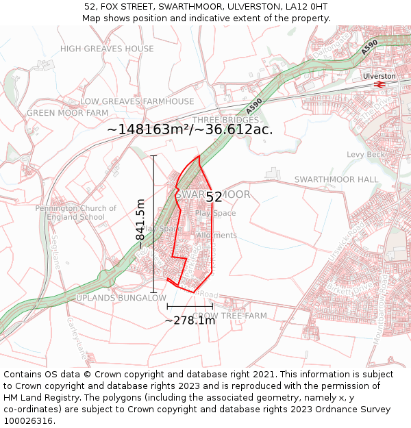 52, FOX STREET, SWARTHMOOR, ULVERSTON, LA12 0HT: Plot and title map