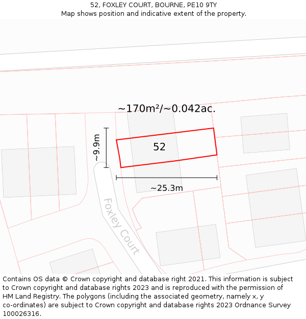 52, FOXLEY COURT, BOURNE, PE10 9TY: Plot and title map