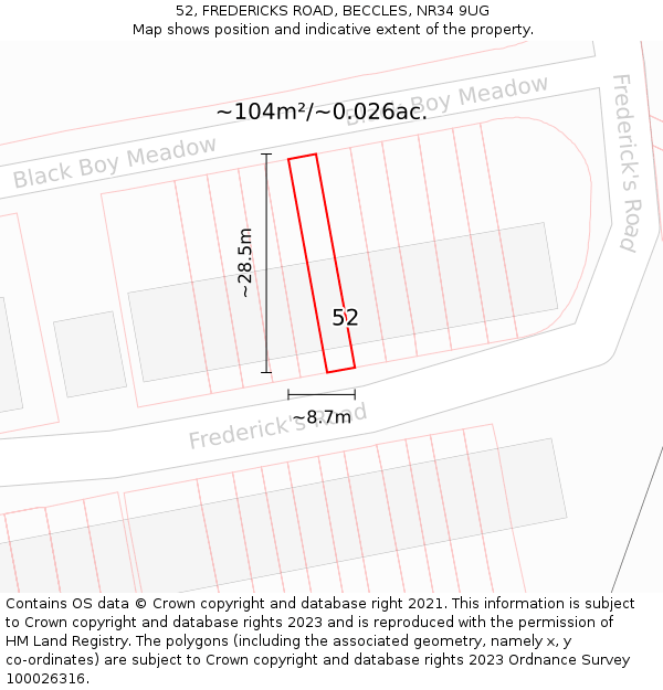 52, FREDERICKS ROAD, BECCLES, NR34 9UG: Plot and title map