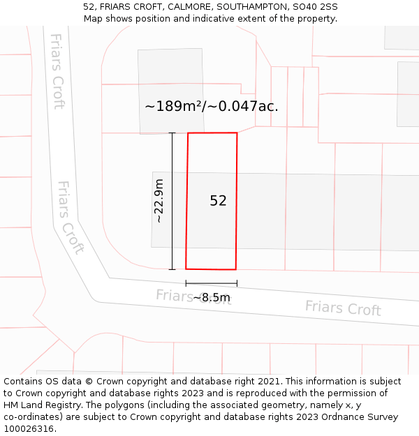 52, FRIARS CROFT, CALMORE, SOUTHAMPTON, SO40 2SS: Plot and title map