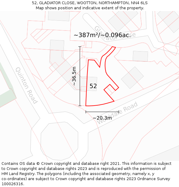 52, GLADIATOR CLOSE, WOOTTON, NORTHAMPTON, NN4 6LS: Plot and title map