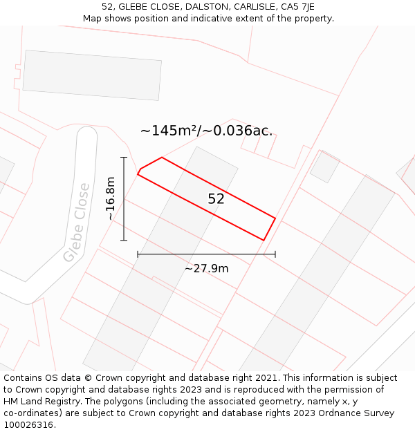 52, GLEBE CLOSE, DALSTON, CARLISLE, CA5 7JE: Plot and title map
