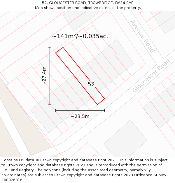 52, GLOUCESTER ROAD, TROWBRIDGE, BA14 0AE: Plot and title map