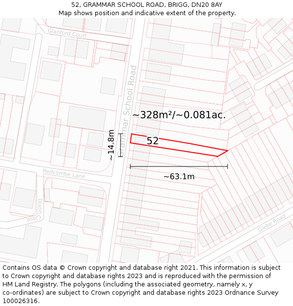 52, GRAMMAR SCHOOL ROAD, BRIGG, DN20 8AY: Plot and title map