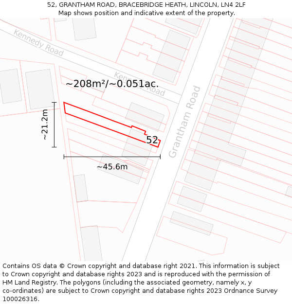 52, GRANTHAM ROAD, BRACEBRIDGE HEATH, LINCOLN, LN4 2LF: Plot and title map