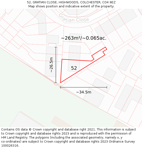 52, GRATIAN CLOSE, HIGHWOODS, COLCHESTER, CO4 9EZ: Plot and title map