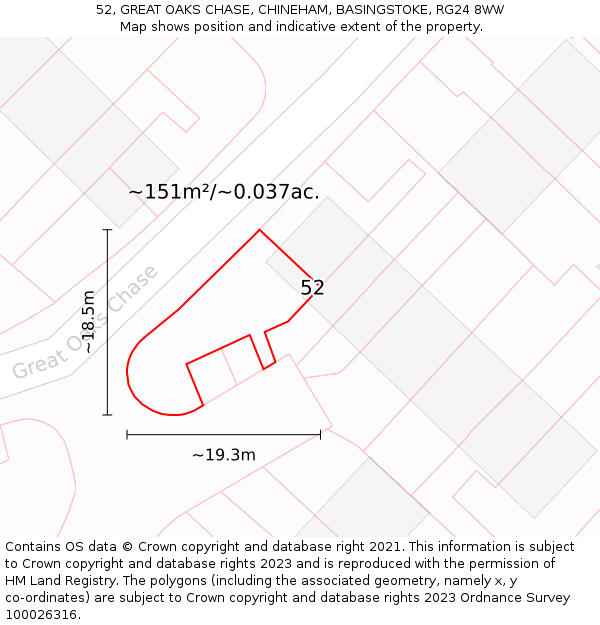 52, GREAT OAKS CHASE, CHINEHAM, BASINGSTOKE, RG24 8WW: Plot and title map