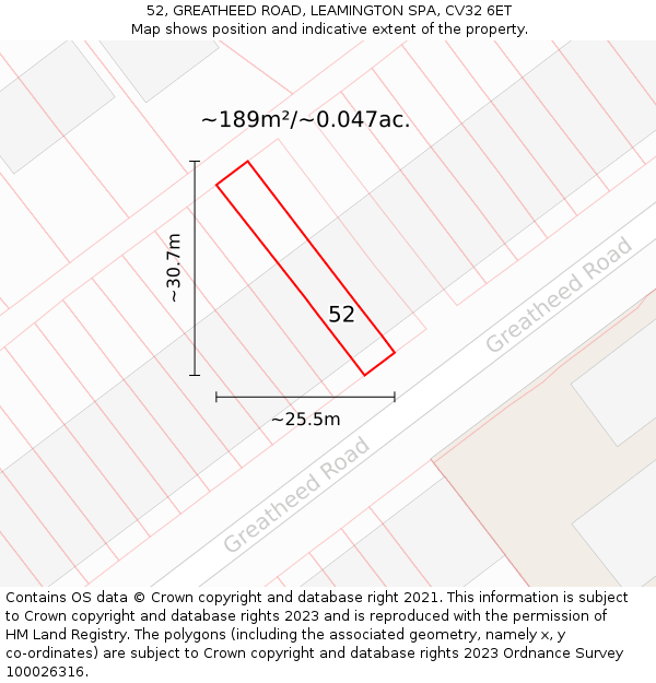 52, GREATHEED ROAD, LEAMINGTON SPA, CV32 6ET: Plot and title map