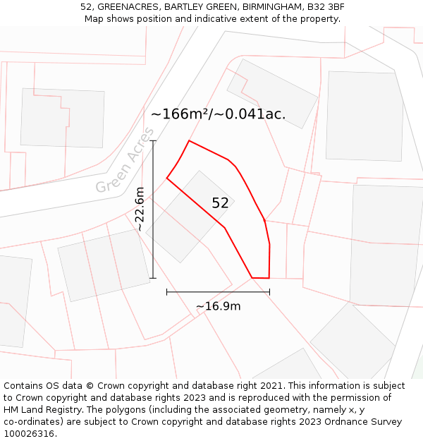 52, GREENACRES, BARTLEY GREEN, BIRMINGHAM, B32 3BF: Plot and title map