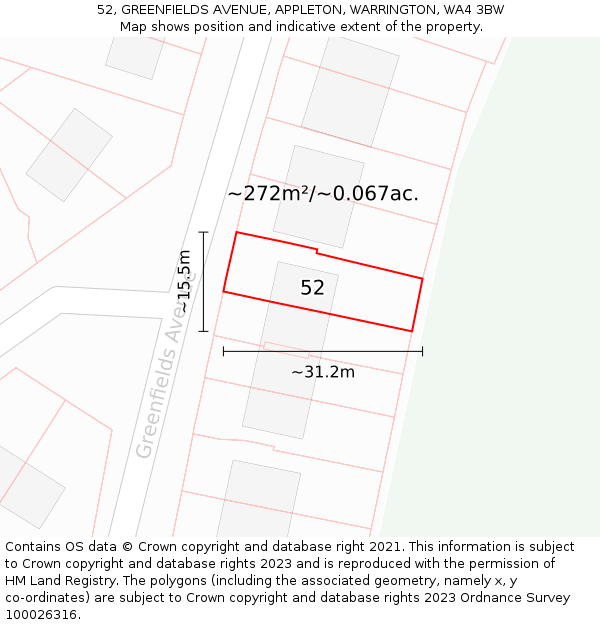 52, GREENFIELDS AVENUE, APPLETON, WARRINGTON, WA4 3BW: Plot and title map