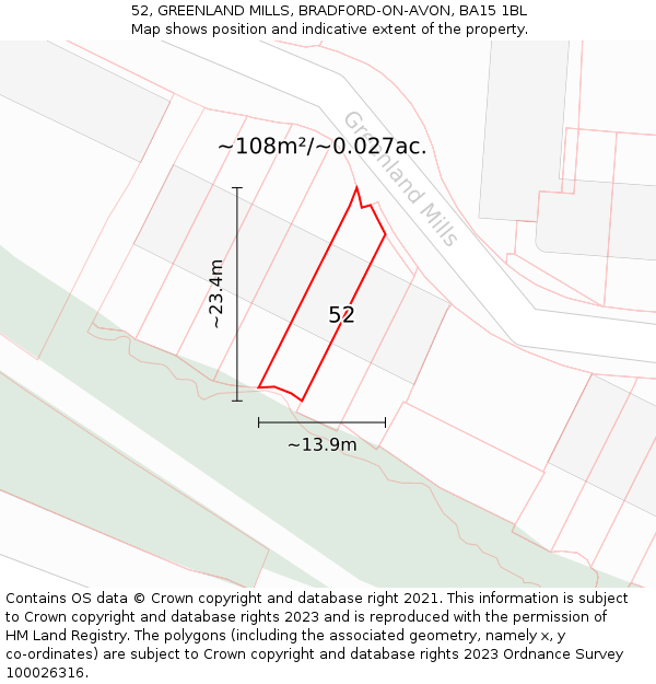 52, GREENLAND MILLS, BRADFORD-ON-AVON, BA15 1BL: Plot and title map