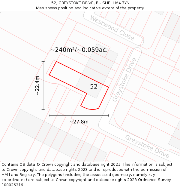 52, GREYSTOKE DRIVE, RUISLIP, HA4 7YN: Plot and title map