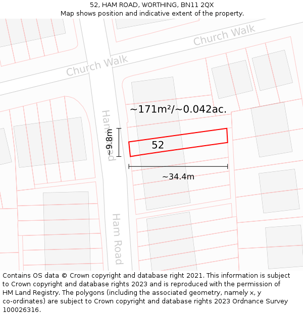 52, HAM ROAD, WORTHING, BN11 2QX: Plot and title map
