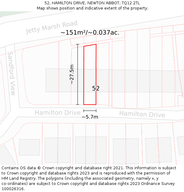 52, HAMILTON DRIVE, NEWTON ABBOT, TQ12 2TL: Plot and title map