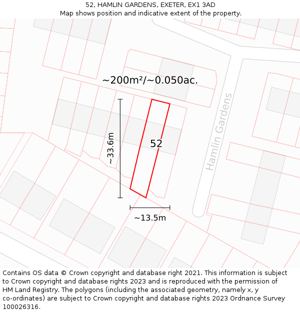 52, HAMLIN GARDENS, EXETER, EX1 3AD: Plot and title map