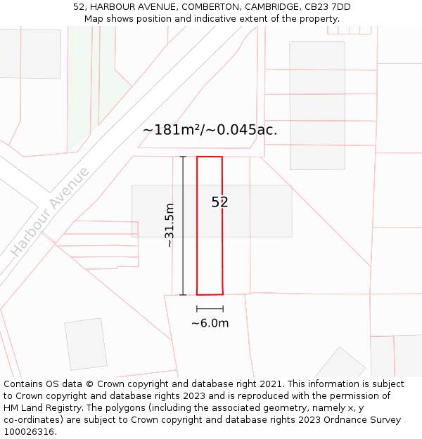 52, HARBOUR AVENUE, COMBERTON, CAMBRIDGE, CB23 7DD: Plot and title map