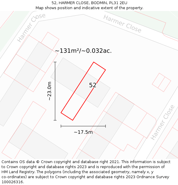 52, HARMER CLOSE, BODMIN, PL31 2EU: Plot and title map