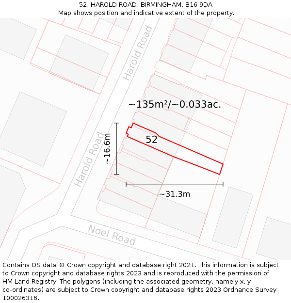 52, HAROLD ROAD, BIRMINGHAM, B16 9DA: Plot and title map