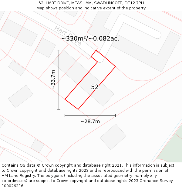 52, HART DRIVE, MEASHAM, SWADLINCOTE, DE12 7PH: Plot and title map