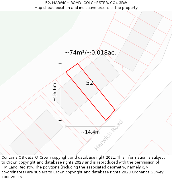 52, HARWICH ROAD, COLCHESTER, CO4 3BW: Plot and title map