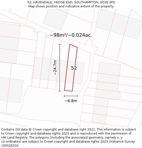 52, HAVENDALE, HEDGE END, SOUTHAMPTON, SO30 0FD: Plot and title map