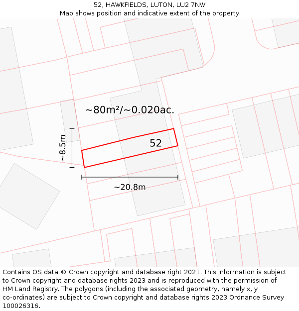52, HAWKFIELDS, LUTON, LU2 7NW: Plot and title map