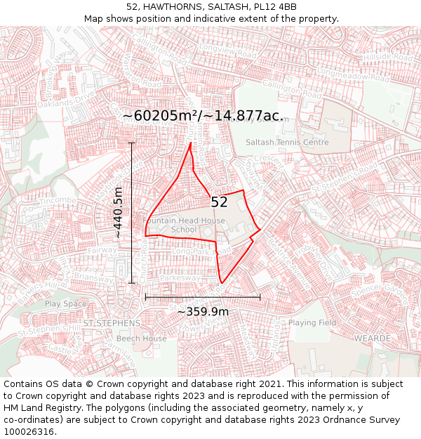52, HAWTHORNS, SALTASH, PL12 4BB: Plot and title map