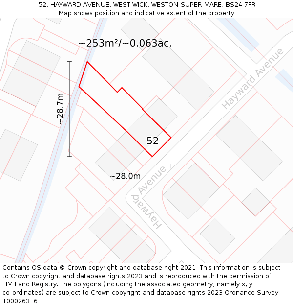 52, HAYWARD AVENUE, WEST WICK, WESTON-SUPER-MARE, BS24 7FR: Plot and title map