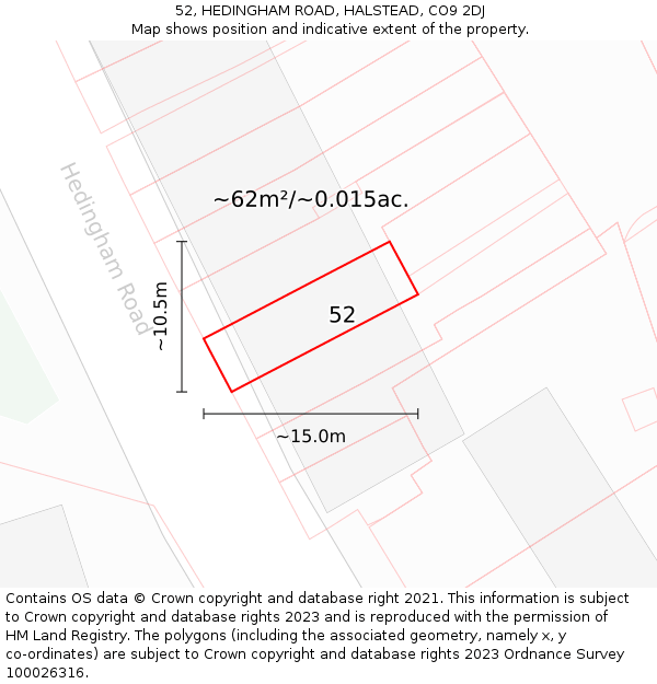 52, HEDINGHAM ROAD, HALSTEAD, CO9 2DJ: Plot and title map