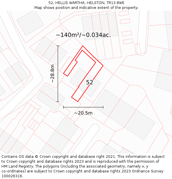 52, HELLIS WARTHA, HELSTON, TR13 8WE: Plot and title map