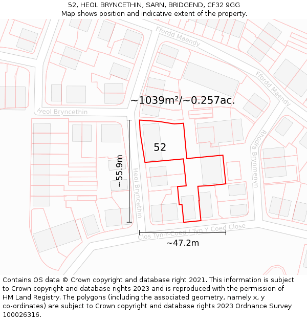 52, HEOL BRYNCETHIN, SARN, BRIDGEND, CF32 9GG: Plot and title map