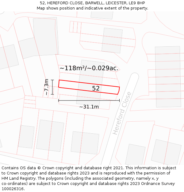 52, HEREFORD CLOSE, BARWELL, LEICESTER, LE9 8HP: Plot and title map