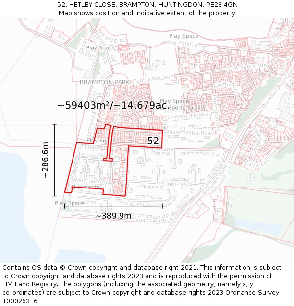 52, HETLEY CLOSE, BRAMPTON, HUNTINGDON, PE28 4GN: Plot and title map