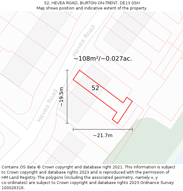 52, HEVEA ROAD, BURTON-ON-TRENT, DE13 0SH: Plot and title map