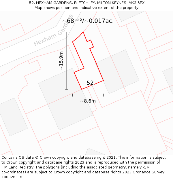 52, HEXHAM GARDENS, BLETCHLEY, MILTON KEYNES, MK3 5EX: Plot and title map