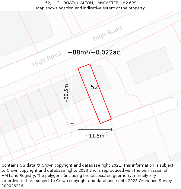 52, HIGH ROAD, HALTON, LANCASTER, LA2 6PS: Plot and title map