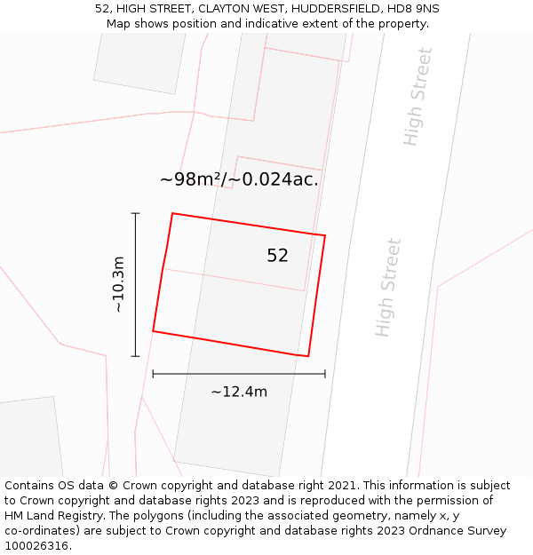52, HIGH STREET, CLAYTON WEST, HUDDERSFIELD, HD8 9NS: Plot and title map