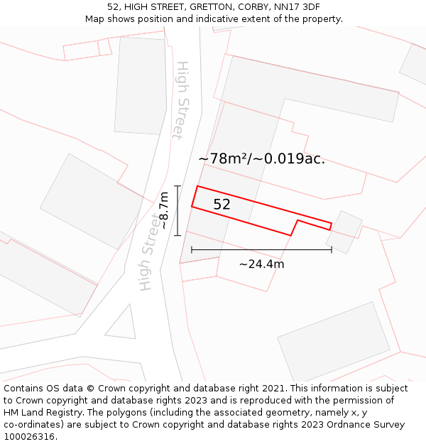 52, HIGH STREET, GRETTON, CORBY, NN17 3DF: Plot and title map