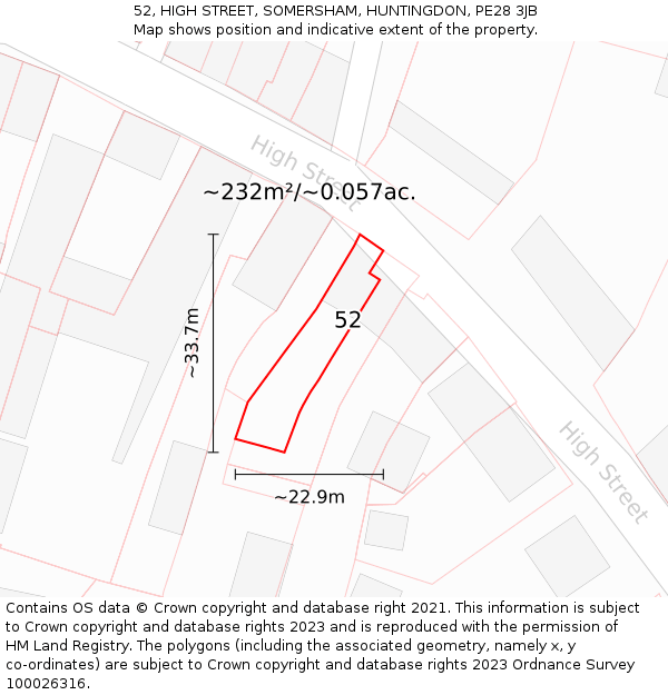 52, HIGH STREET, SOMERSHAM, HUNTINGDON, PE28 3JB: Plot and title map