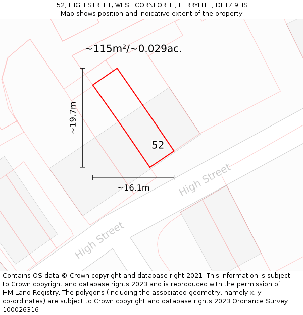 52, HIGH STREET, WEST CORNFORTH, FERRYHILL, DL17 9HS: Plot and title map