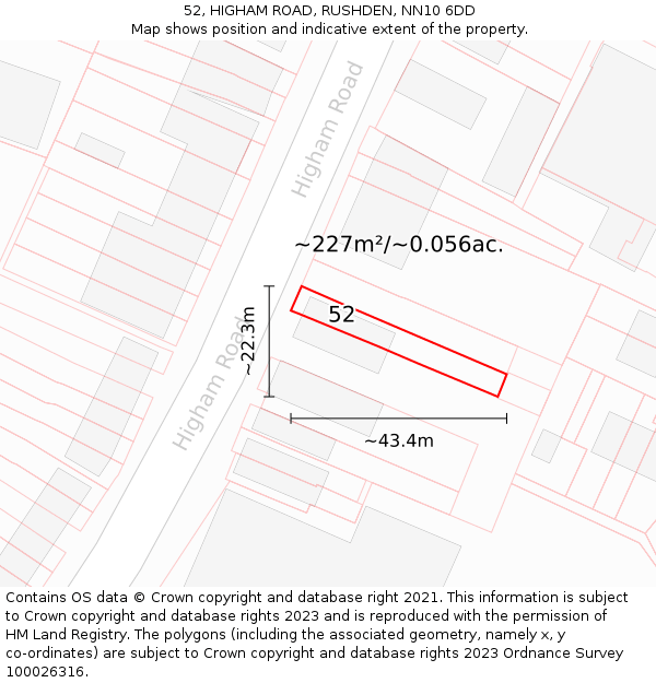 52, HIGHAM ROAD, RUSHDEN, NN10 6DD: Plot and title map
