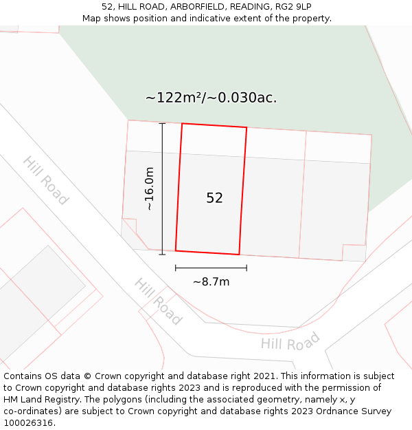 52, HILL ROAD, ARBORFIELD, READING, RG2 9LP: Plot and title map